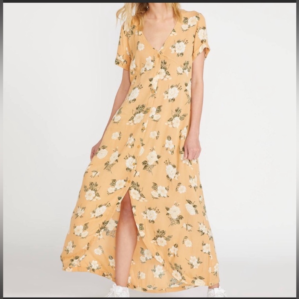 Volcom Floral Maxi Dress Yellow/Tan Button Front